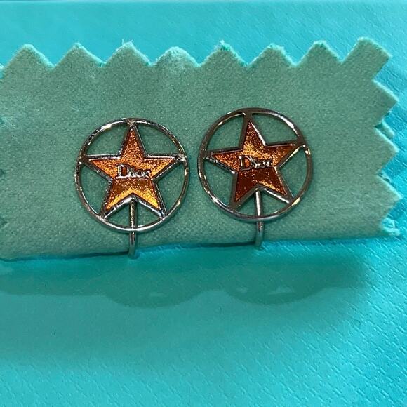 Christian DIOR Star Logo Silver Tone with Gold Tone Clip On Earrings Authentic - Picture 3 of 9